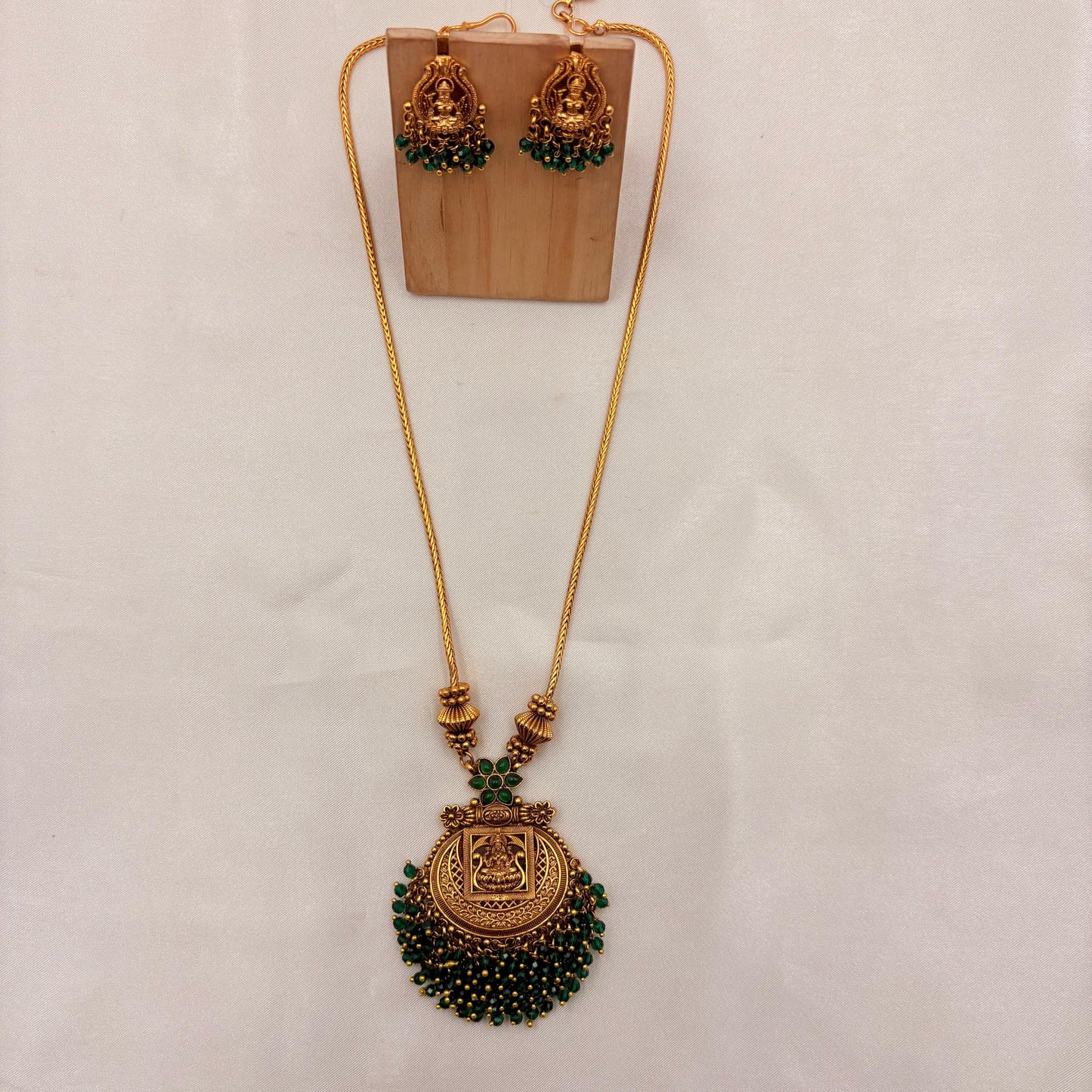 Temple Lakshmi Antique Green Beads Necklace Set