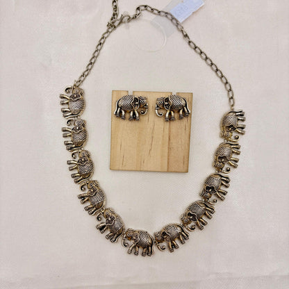 Oxidised Silver Elephant Motif Necklace Set with Stud Earrings