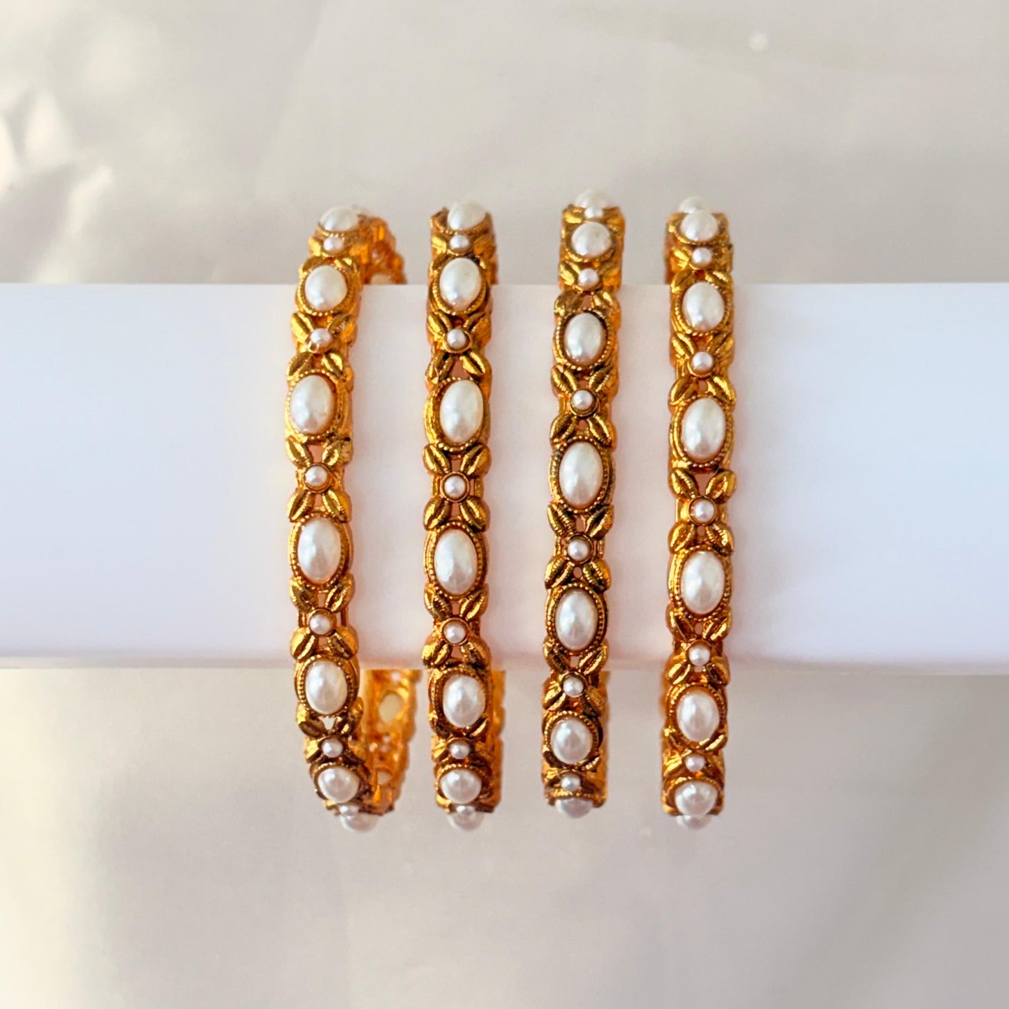 Gold-Plated Pearl Stone Traditional Bangles – Elegant Bridal & Festive Wear (Set of 4)