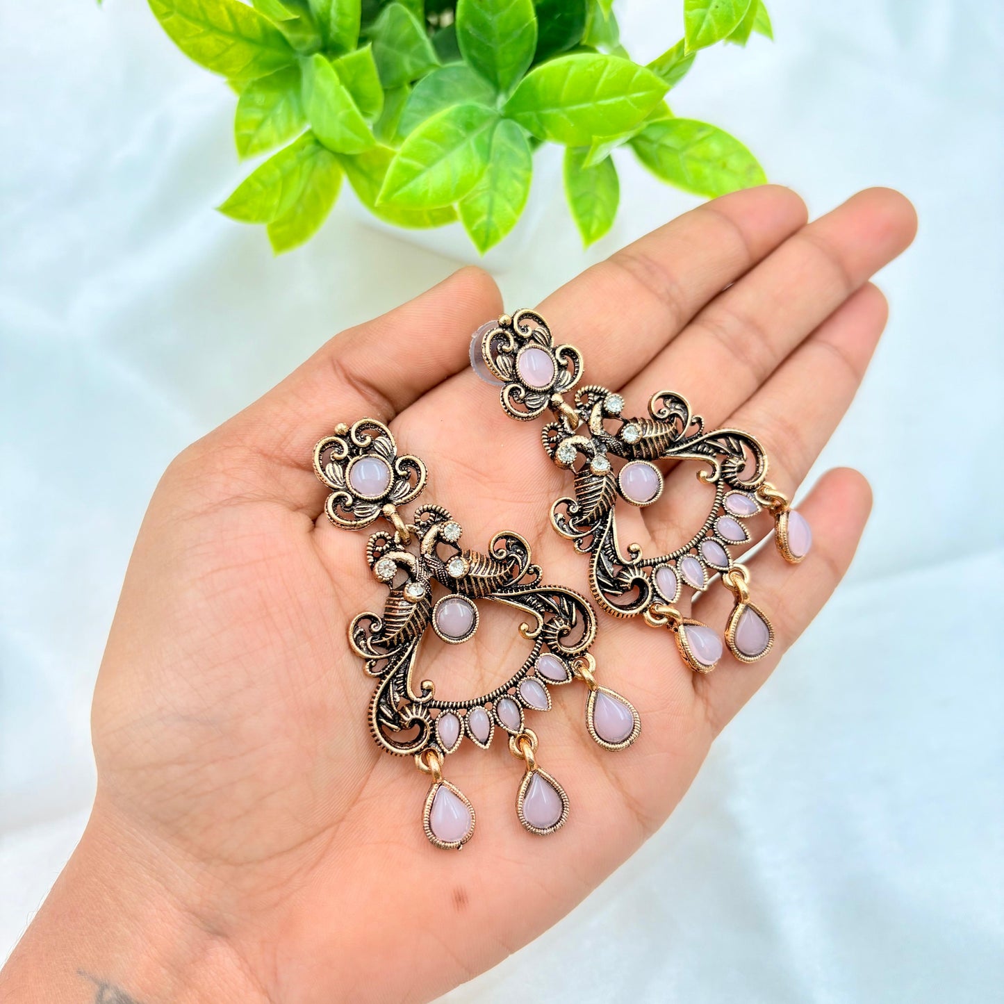 Antique Oxidized Chandbali Earrings with Pastel Drop Stones