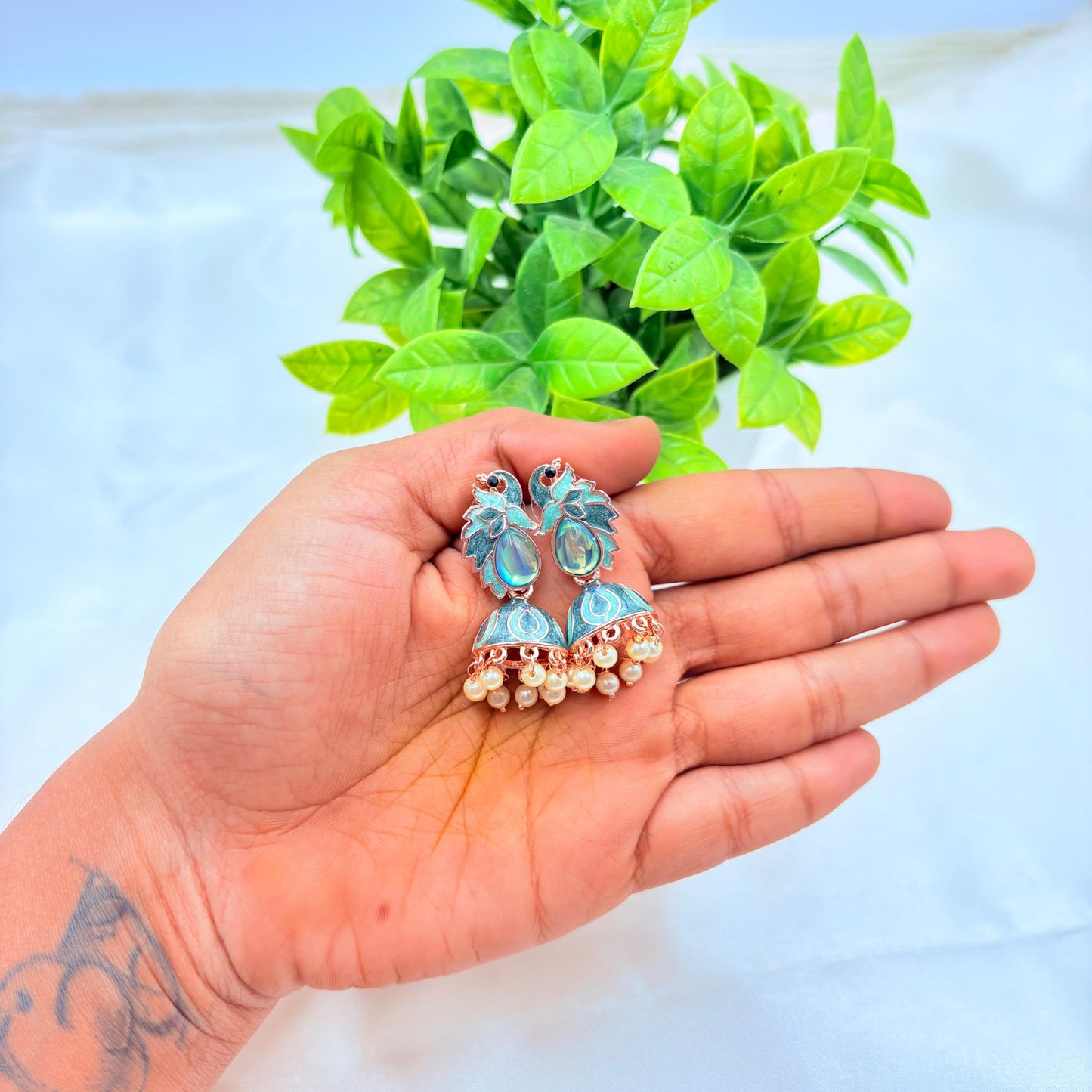 Blue Enamel Peacock Pearl Drop Jhumka Earrings