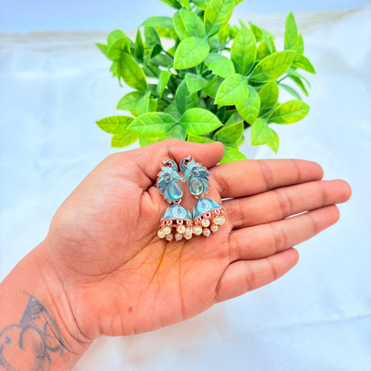 Blue Enamel Peacock Pearl Drop Jhumka Earrings