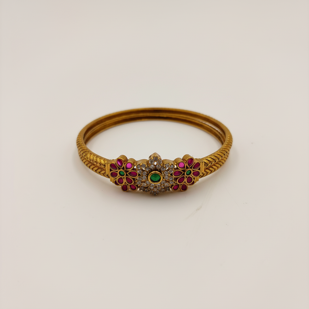 Antique Gold Floral Bangles with Ruby & Emerald Stones – Traditional CZ Bangle Set (Set of 2)