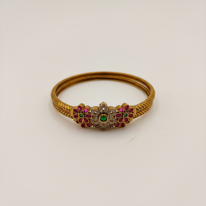 Antique Gold Floral Bangles with Ruby & Emerald Stones – Traditional CZ Bangle Set (Set of 2)