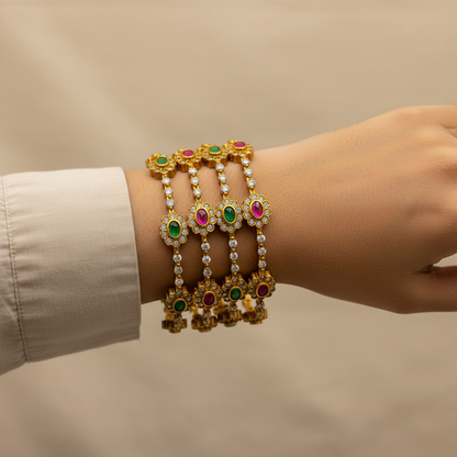 Dual-Tone Floral Stone Bangles – Ruby & Emerald Edition