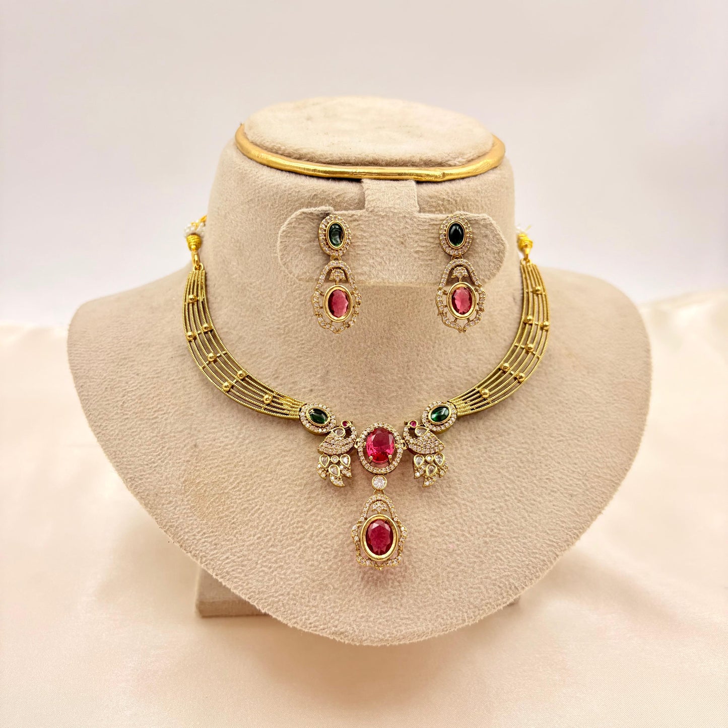 Peacock Design Ruby & Emerald Stone Necklace Set – Gold Finish CZ Jewellery