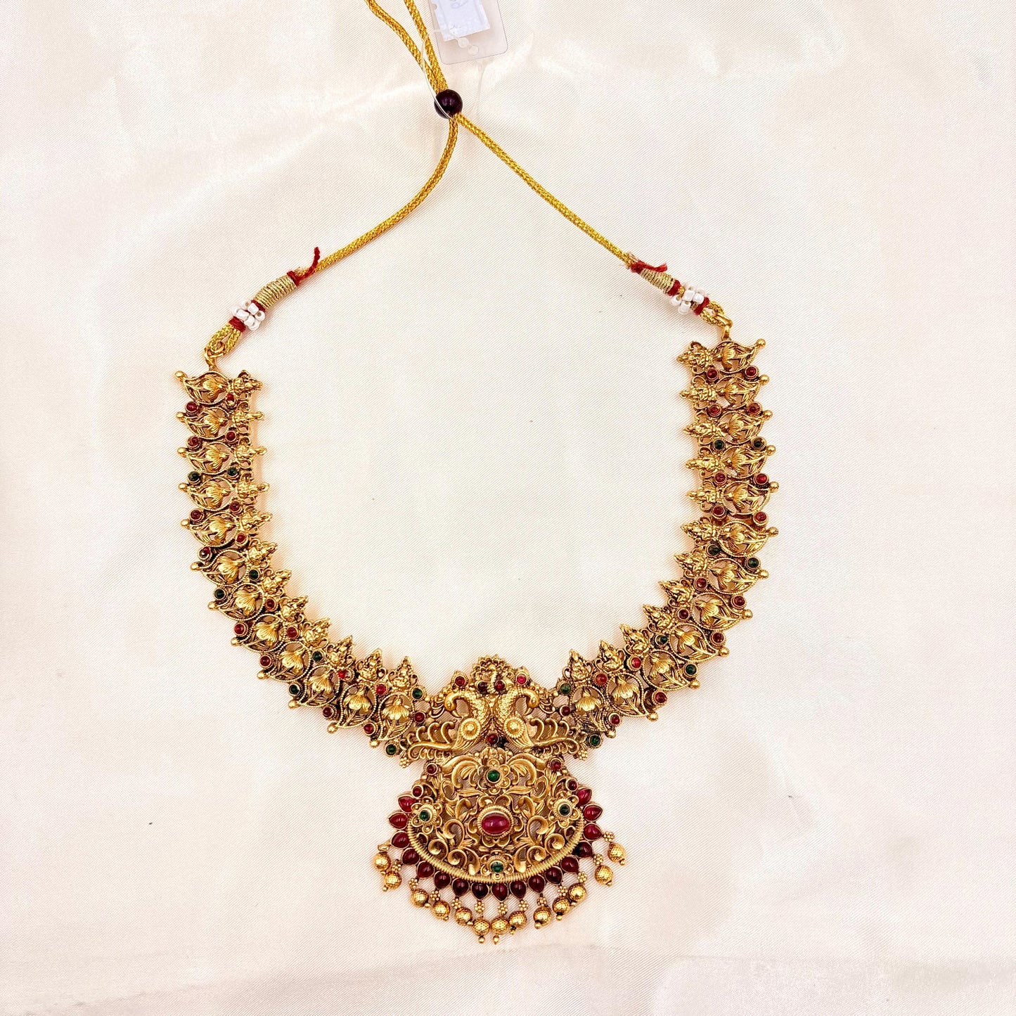 Antique Gold Peacock Temple Necklace with Ruby-Green Stones & Matching Jhumka Earrings