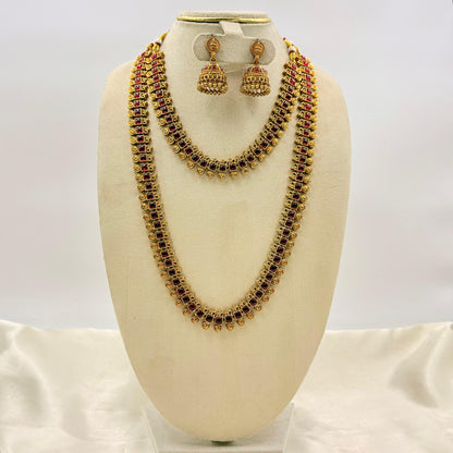 Antique Gold Ruby Stone Long Haram Necklace Set with Jhumka Earrings