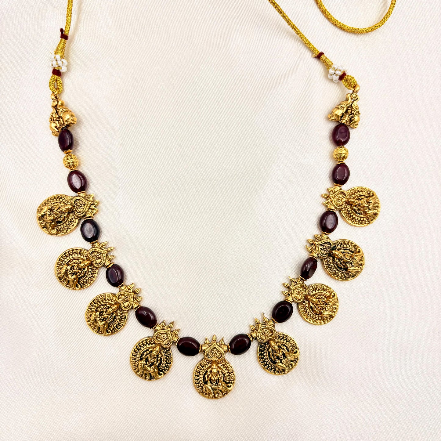 Antique Gold Finish Goddess Coin Temple Necklace Set with Maroon Beads
