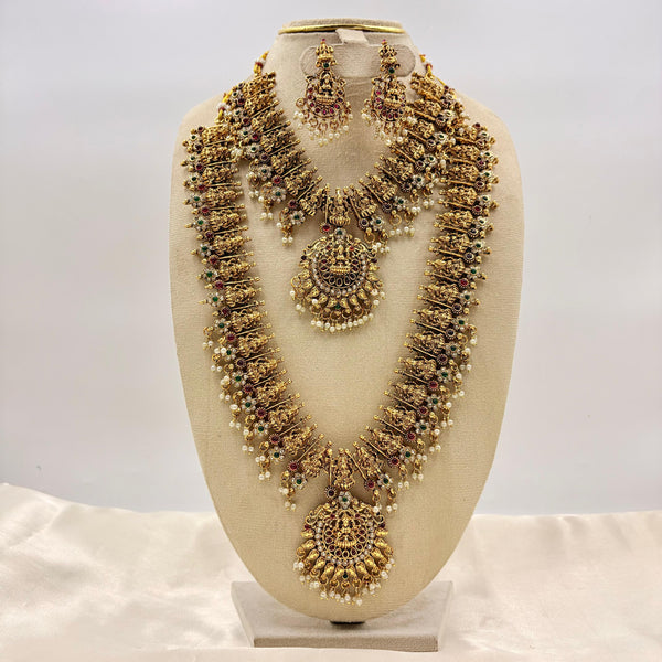 Grand Antique Temple Jewellery Bridal Set with Lakshmi Motifs, Pearls, Earrings & Maang Tikka