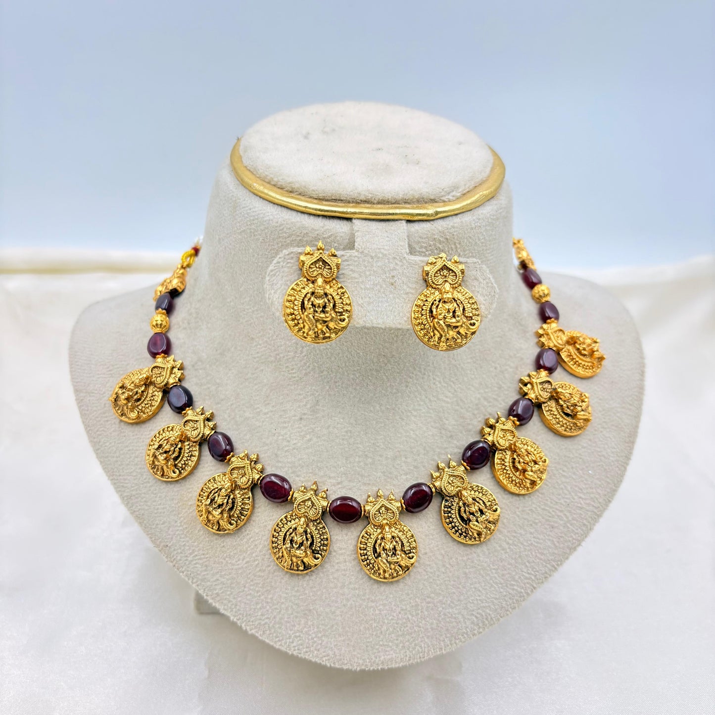 Antique Gold Finish Goddess Coin Temple Necklace Set with Maroon Beads
