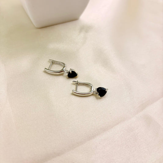 Silver Huggie Earrings with Black Stone Drop