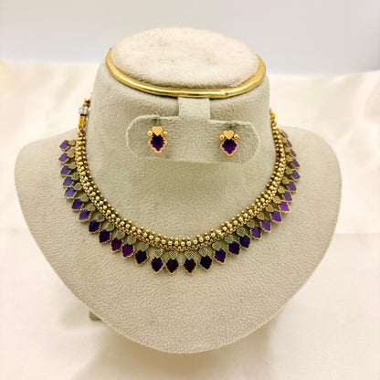 Gold-Plated Purple Stone Choker Set | Traditional Necklace with Matching Earrings