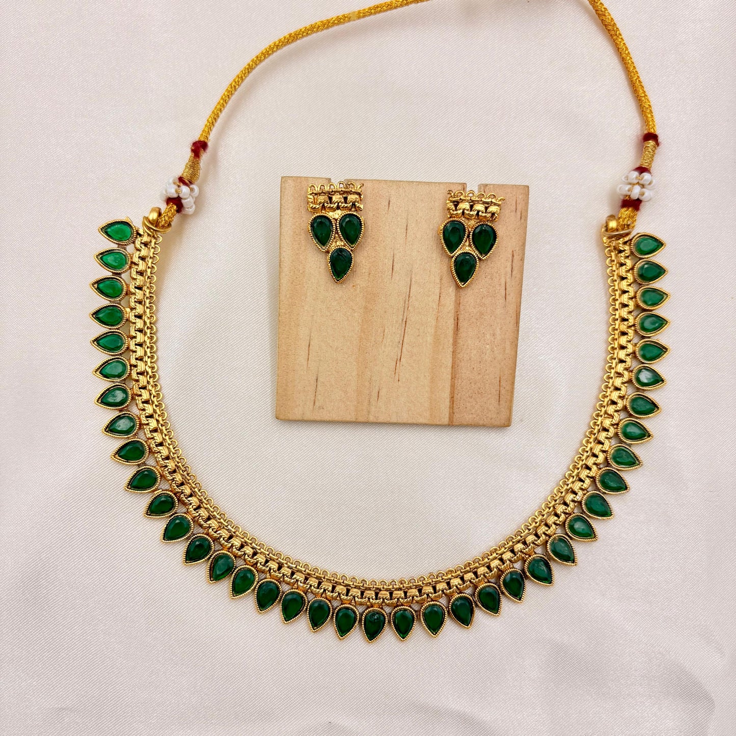 Green Enamel Teardrop Necklace Set | Traditional Lightweight Jewellery
