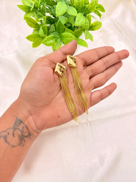 Gold Finish Square Stud Tassel Earrings