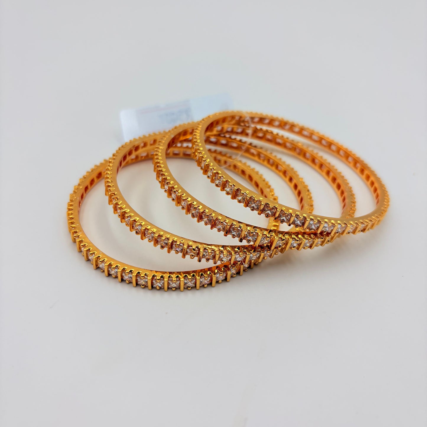 Gold-Plated Square CZ Stone Bangles – Elegant Party & Bridal Wear (Set of 4)
