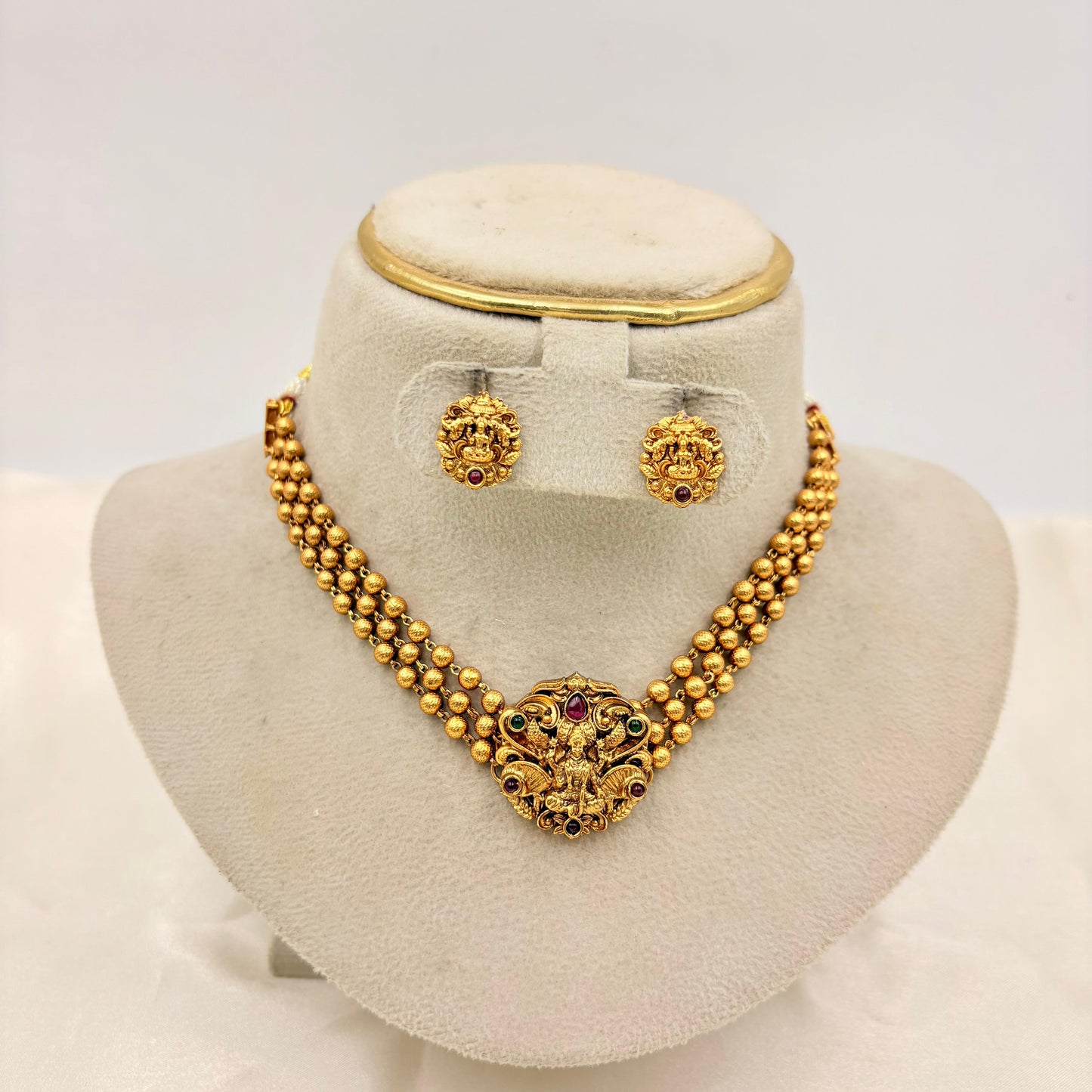 Temple Lakshmi Gold Bead Necklace Set with Matching Stud Earrings