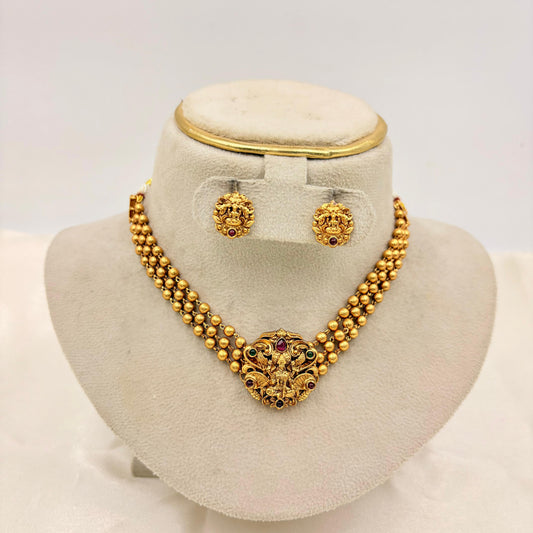 Temple Lakshmi Gold Bead Necklace Set with Matching Stud Earrings