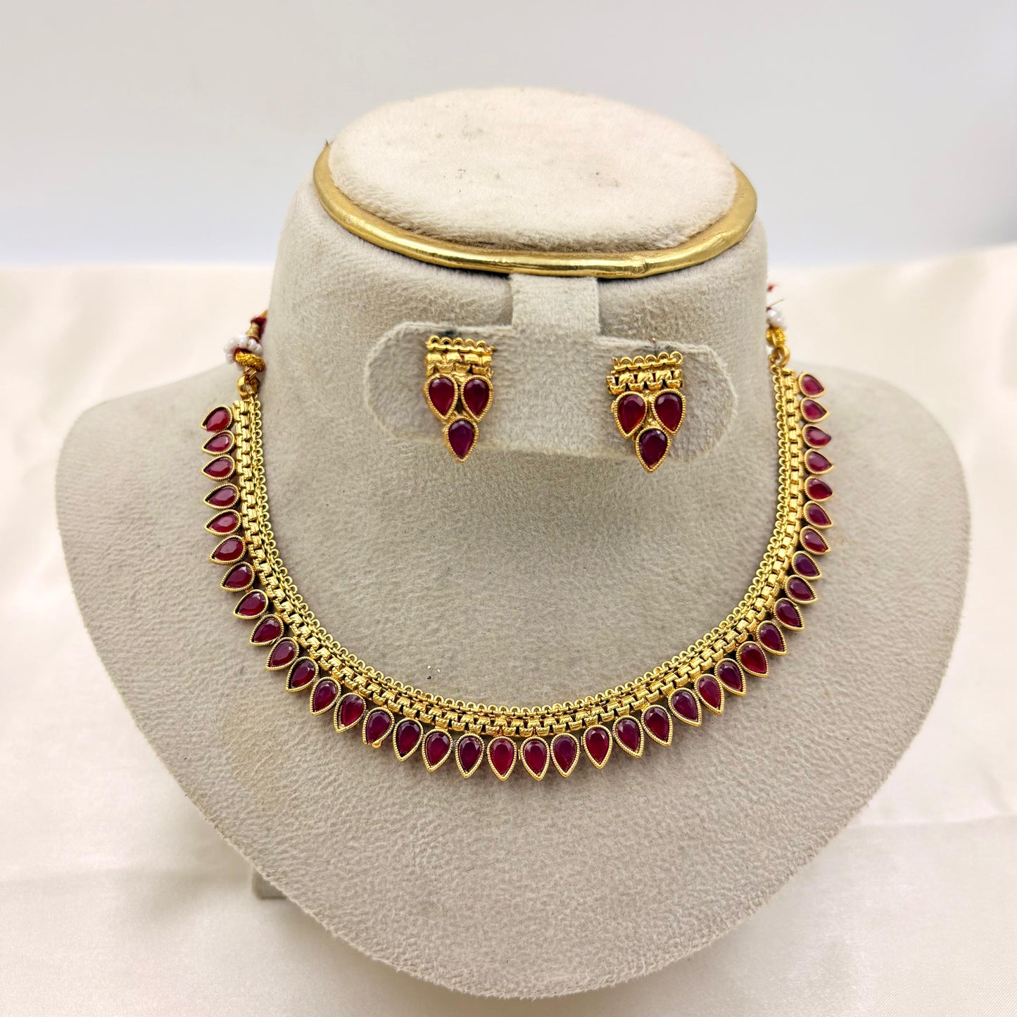 Gold-Plated Red Stone Pearl Drop Necklace Set with Matching Earrings | Traditional Ethnic Jewellery