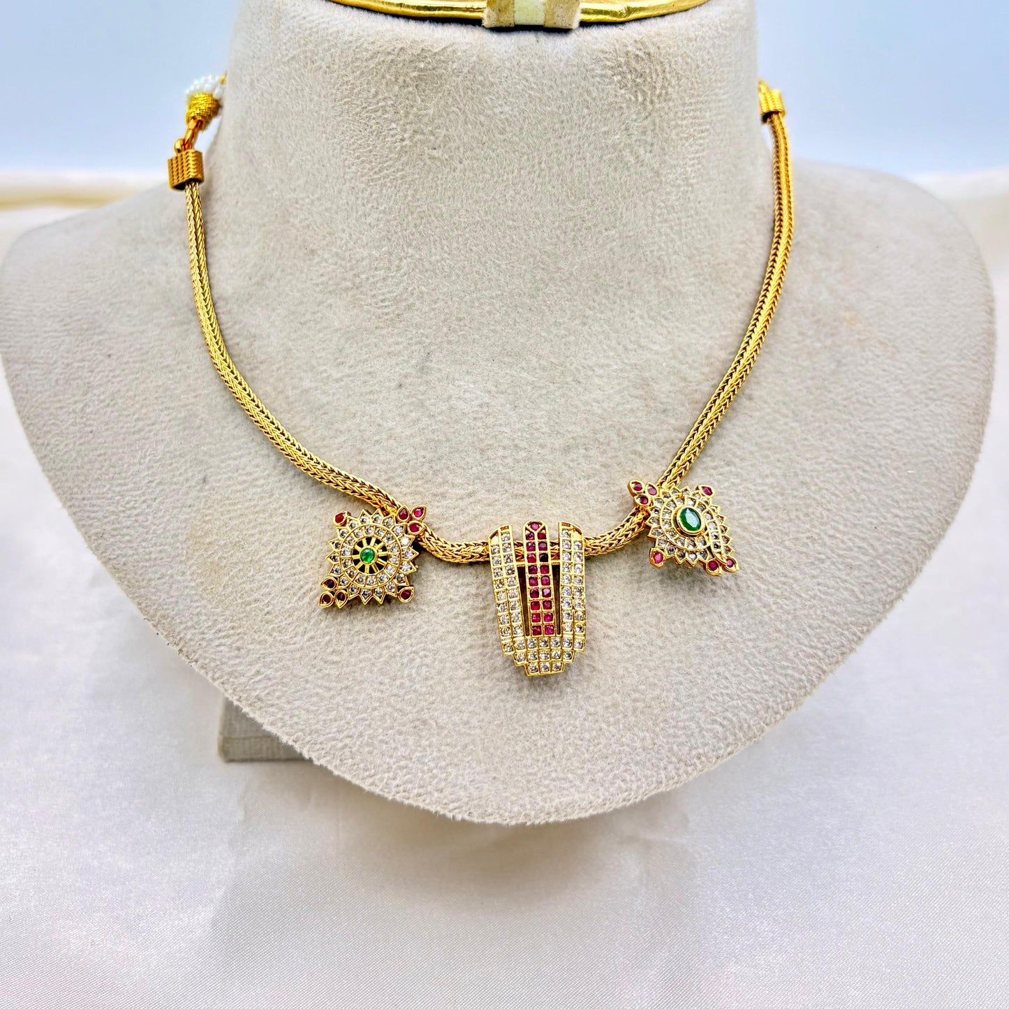 Gold Finish Kundan Choker Necklace with Red & Green Stones