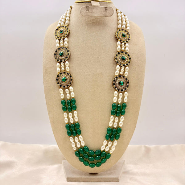 Elegant Pearl & Green Bead Long Necklace with Stone Work – Traditional Haaram