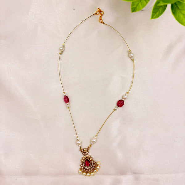 Gold Finish Red Stone Pendant Wire Necklace with Pearls