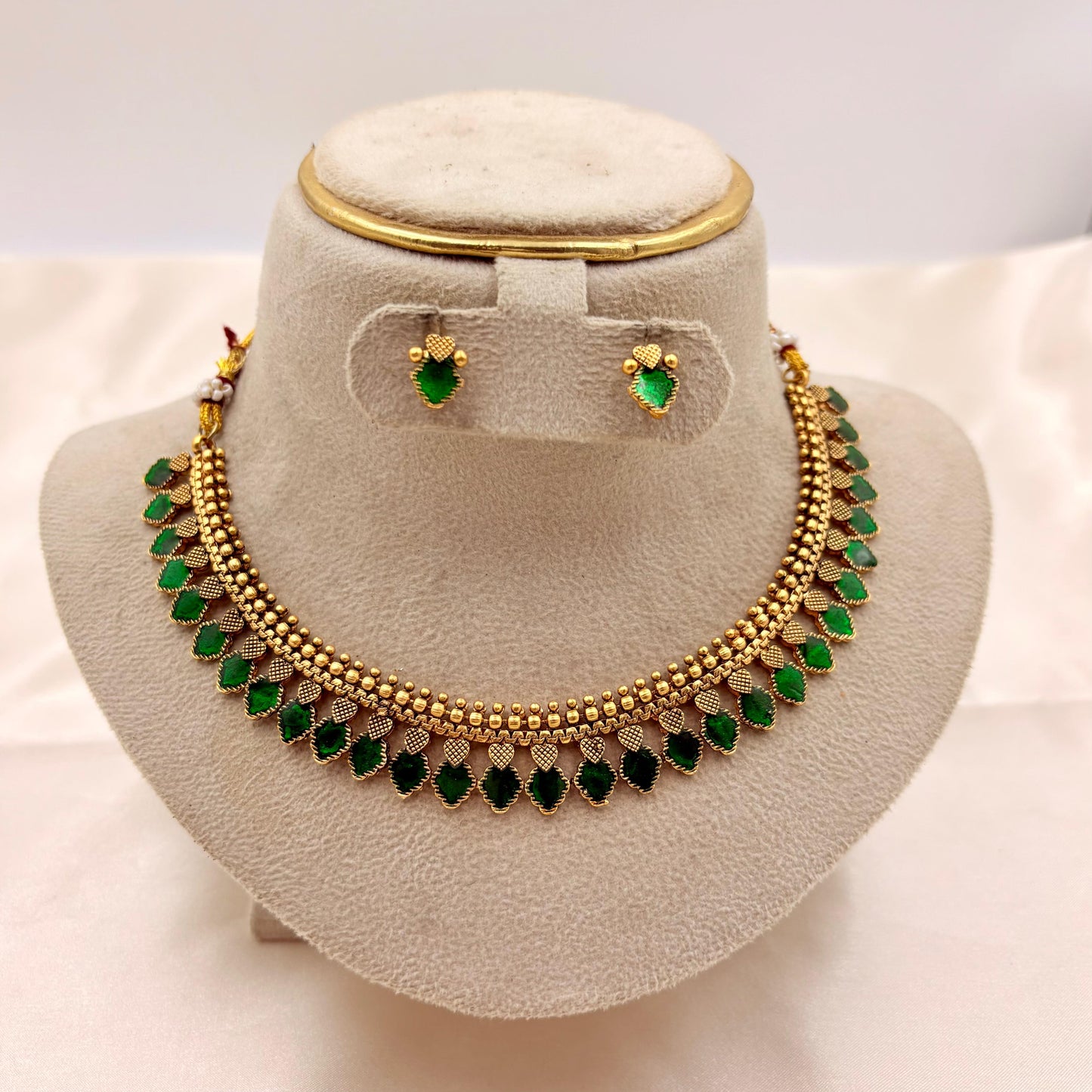 Gold-Plated Green Stone Choker Set | Traditional Necklace with Matching Earrings