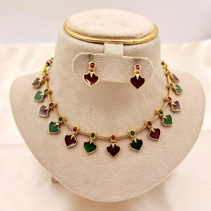 Antique Multi-Color Enamel Heart Motif Necklace Set | Traditional Temple Style Jewellery
