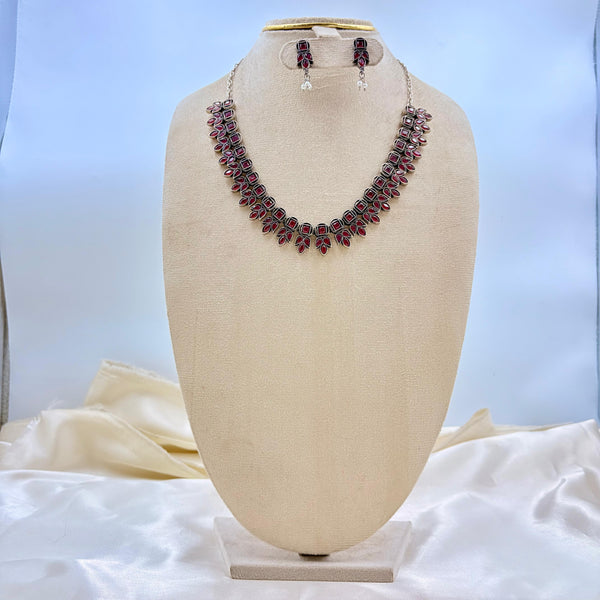Oxidised Silver Finish Ruby Stone Necklace Set with Matching Earrings