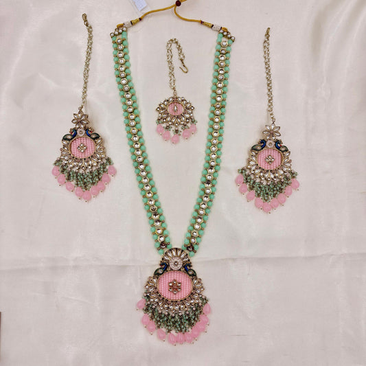 Pastel Mint & Blush Kundan Long Necklace Set with Earrings & Maang Tikka