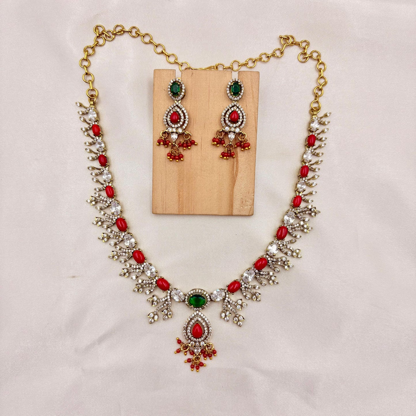 Red & Green Stone AD Necklace Set with Earrings | Sparkling Party Wear Jewellery