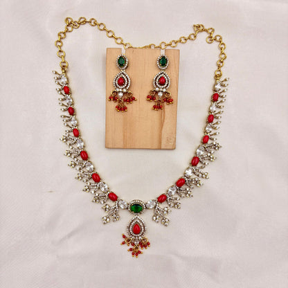 Red & Green Stone AD Necklace Set with Earrings | Sparkling Party Wear Jewellery