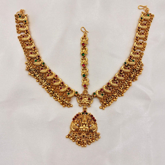 Antique Gold-Plated Temple Bridal Tikka / Matha Patti with Lakshmi Pendant & Kemp Stones