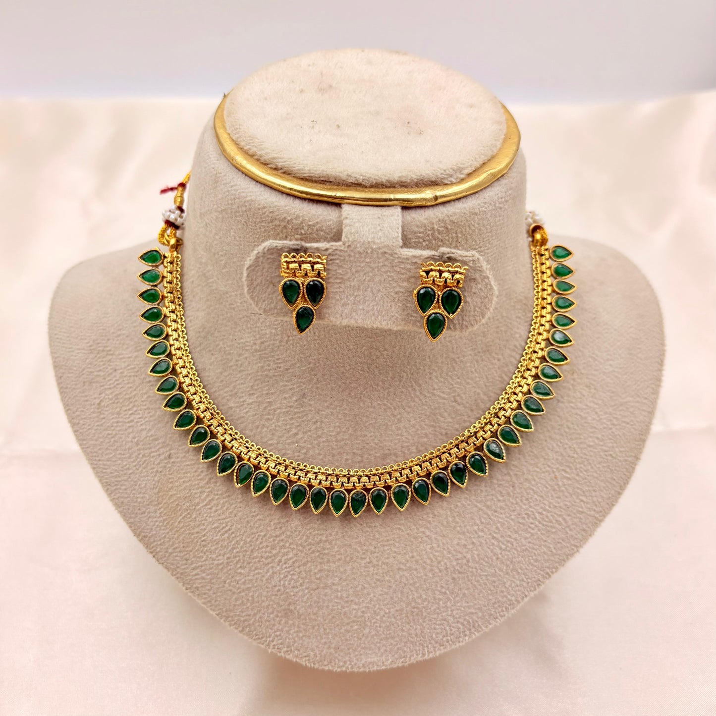 Green Enamel Teardrop Necklace Set | Traditional Lightweight Jewellery