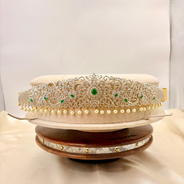 Silver Finish CZ Vaddanam | Bridal Waist Belt with Green Stones & Pearl Droplets