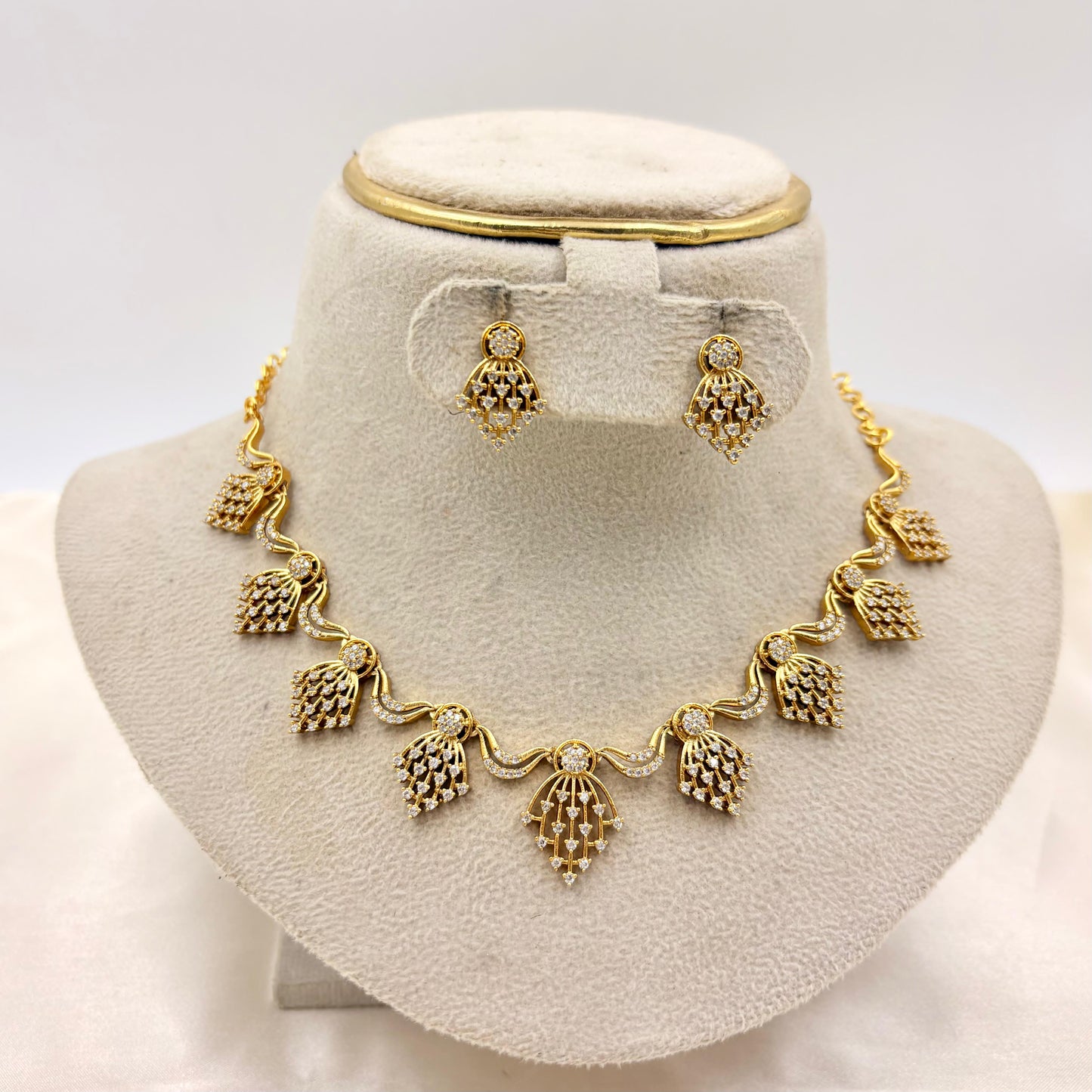Elegant Gold-Plated AD Stone Chandelier Necklace Set with Earrings | Lightweight Party Wear Jewellery