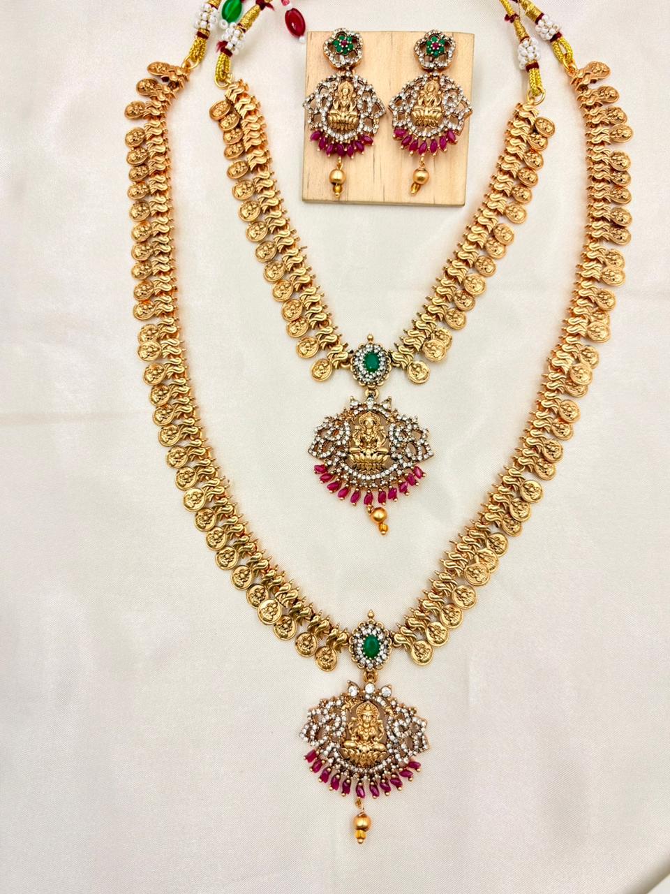 Premium Lakshmi Kasu Double Layer Temple Necklace Set – Antique Gold Finish
