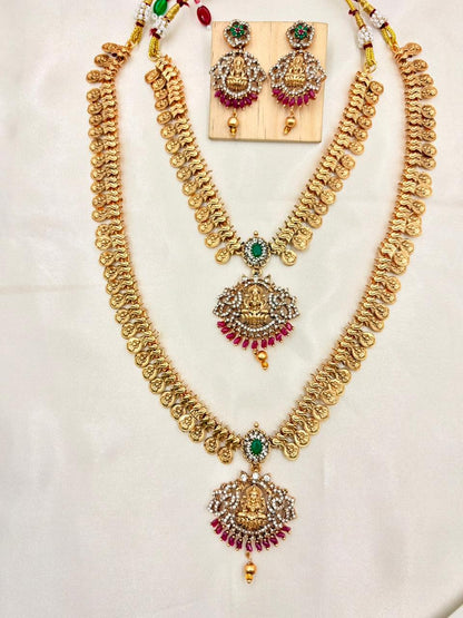 Premium Lakshmi Kasu Double Layer Temple Necklace Set – Antique Gold Finish