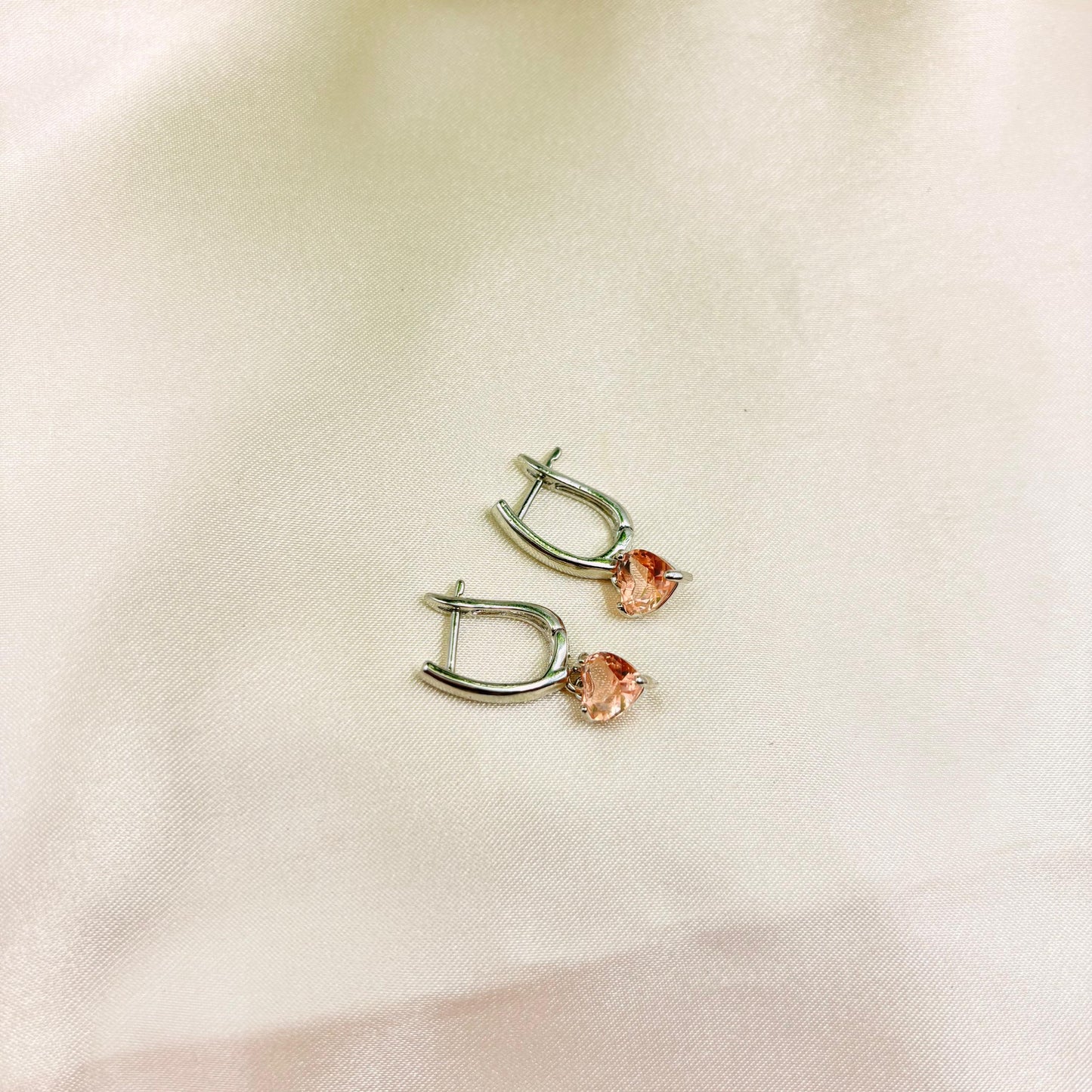Silver Finish Drop Earrings with Peach Crystal Stone