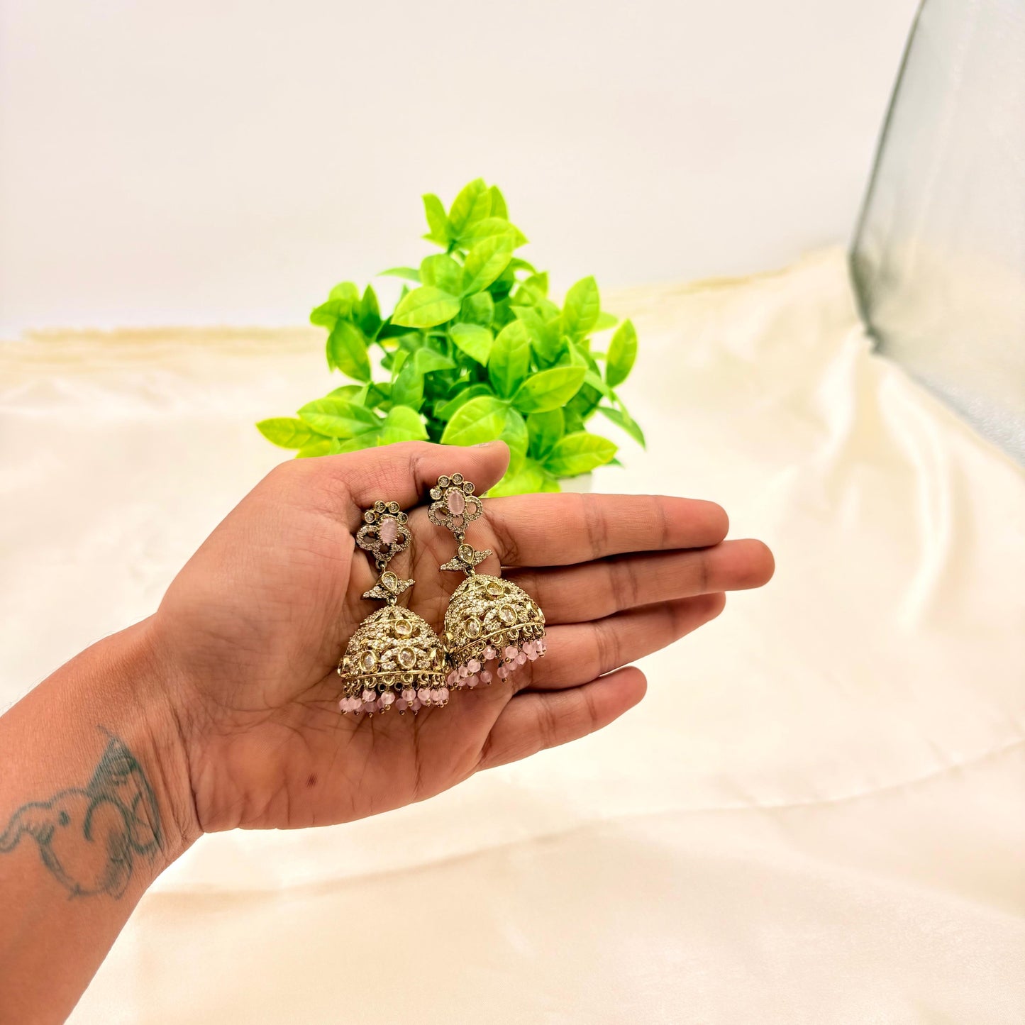 Silver Finish CZ Dome Jhumka Earrings
