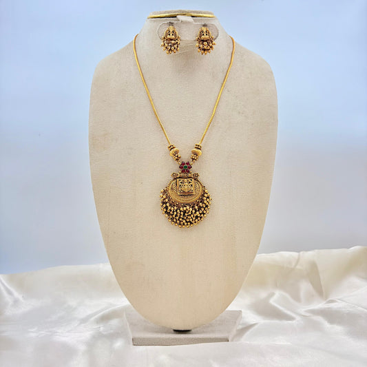 Antique Gold Lakshmi Temple Necklace with Bead Pendant & Matching Earrings