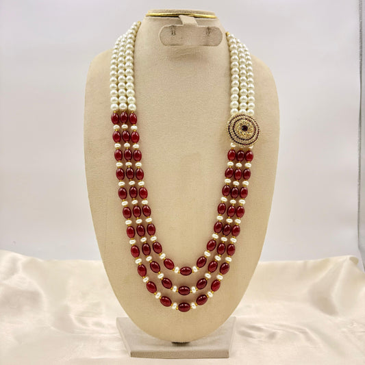 Layered Pearl & Emerald Green Bead Long Necklace with Kundan Floral Spacers