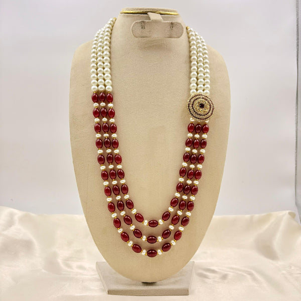 Layered Pearl & Emerald Green Bead Long Necklace with Kundan Floral Spacers