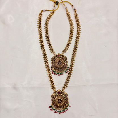 Antique Gold Dual Layer Long Haram Necklace Set with Round Pendant & Jhumka Earrings