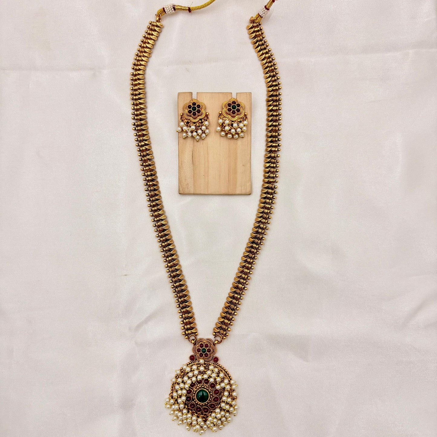 Antique Gold Peacock Pendant Haram with Pearls & Matching Earrings | Traditional Temple Jewelry Set