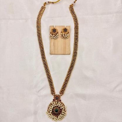 Antique Gold Peacock Pendant Haram with Pearls & Matching Earrings | Traditional Temple Jewelry Set