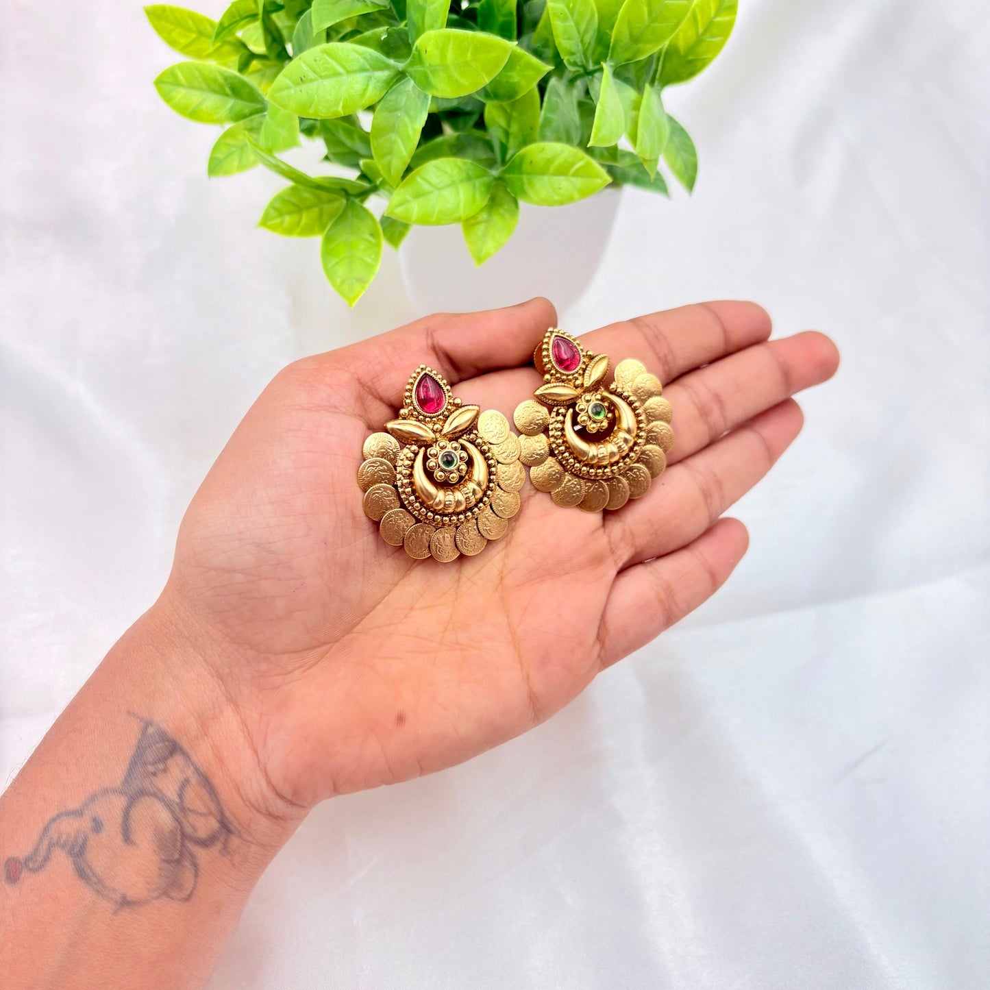 Antique Gold Coin Motif Temple Earrings with Red & Green Stones