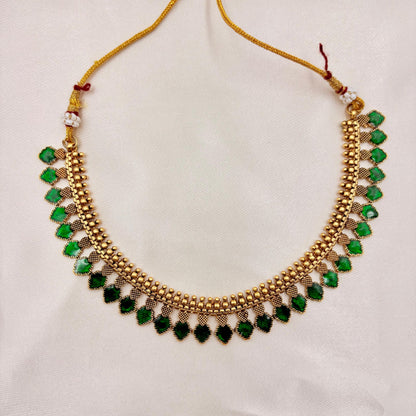 Gold-Plated Green Stone Choker Set | Traditional Necklace with Matching Earrings
