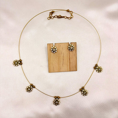 Minimal Antique Gold CZ Floral Wire Necklace Set