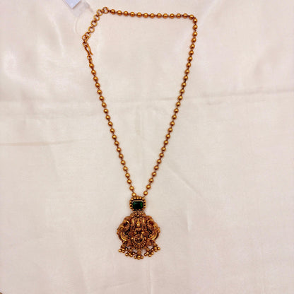 Gold Finish Temple Necklace Set with Green Stone Pendant & Earrings
